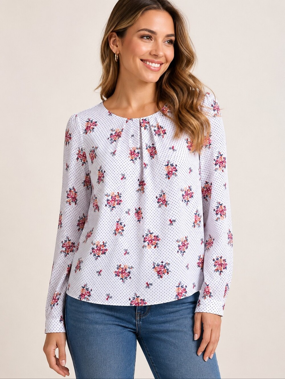 Forever 21 White Floral Polka Dot Long Sleeve Pleated Blouse Top Size Small